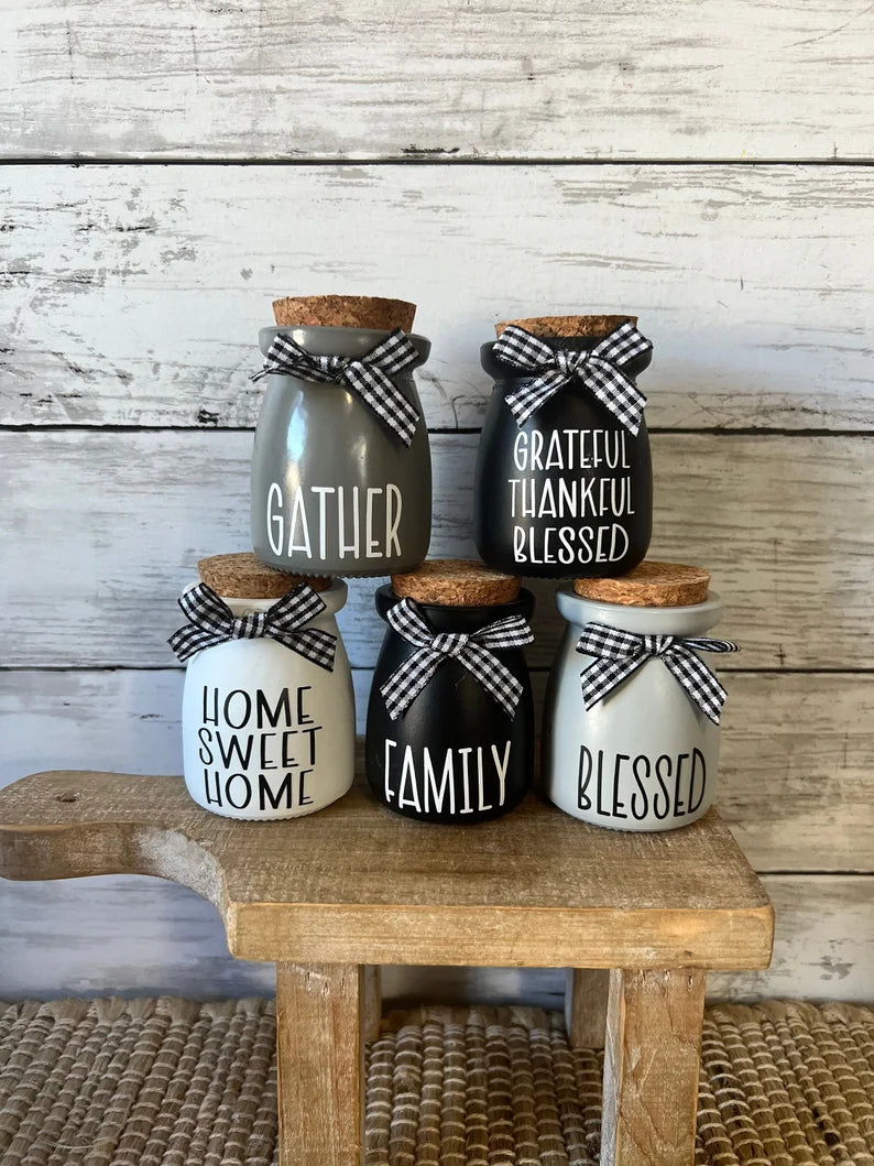 farmhouse tiered tray decor, mini jar for tiered tray, black and white decor, buffalo plaid decor, home sweet home, gather, blessed, faith