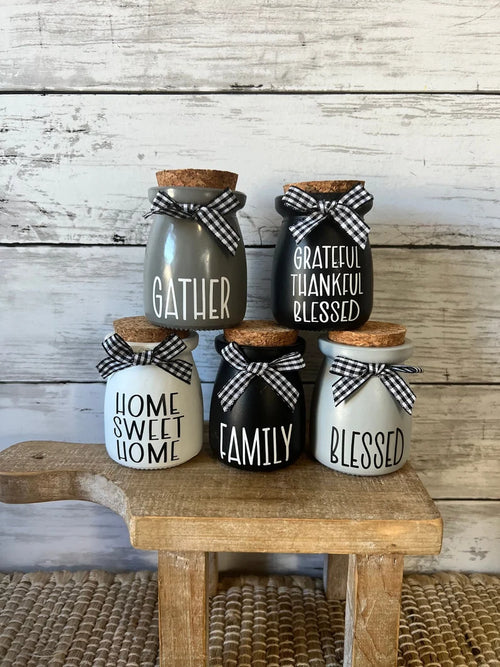 farmhouse tiered tray decor, mini jar for tiered tray, black and white decor, buffalo plaid decor, home sweet home, gather, blessed, faith