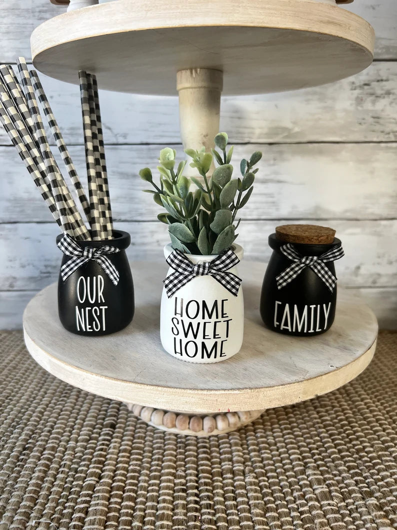 farmhouse tiered tray decor, mini jar for tiered tray, black and white decor, buffalo plaid decor, home sweet home, gather, blessed, faith