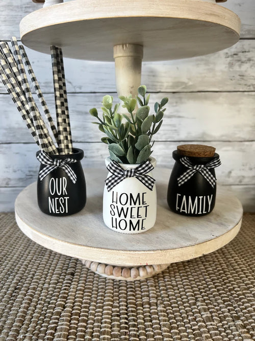 farmhouse tiered tray decor, mini jar for tiered tray, black and white decor, buffalo plaid decor, home sweet home, gather, blessed, faith