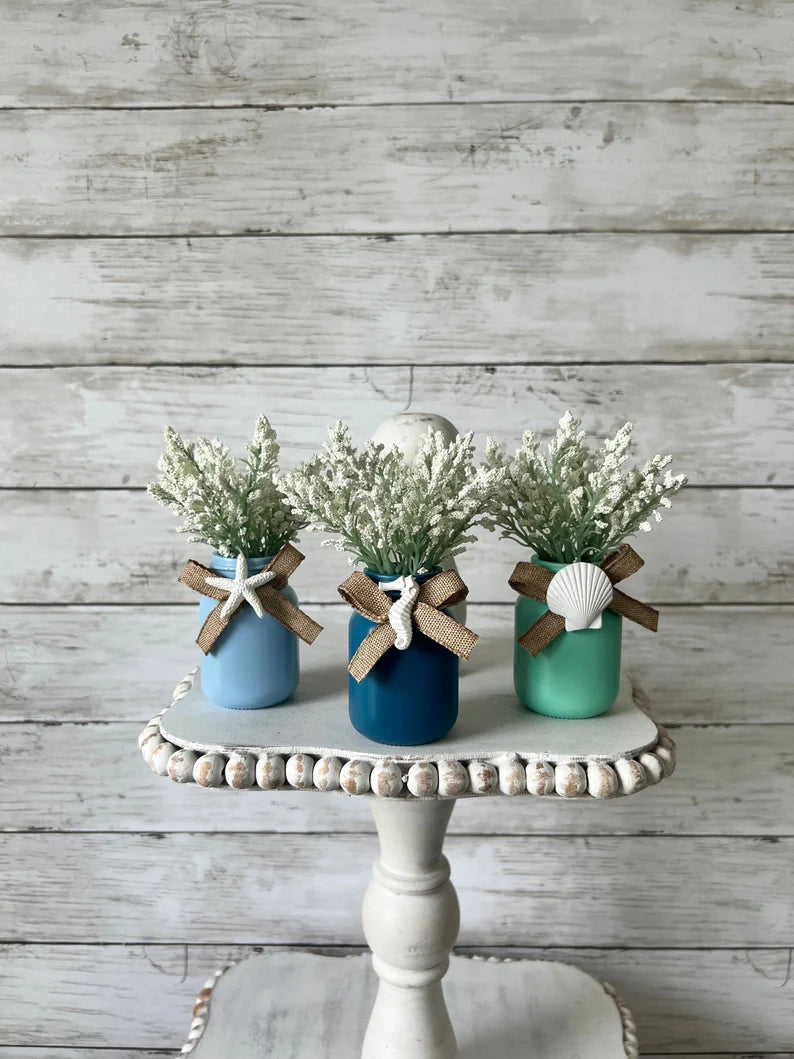 Summer tiered Tray beach mini floral arrangements, set of 3, Summer decor, mini glass vases, Beach tiered tray decor, nautical home decor