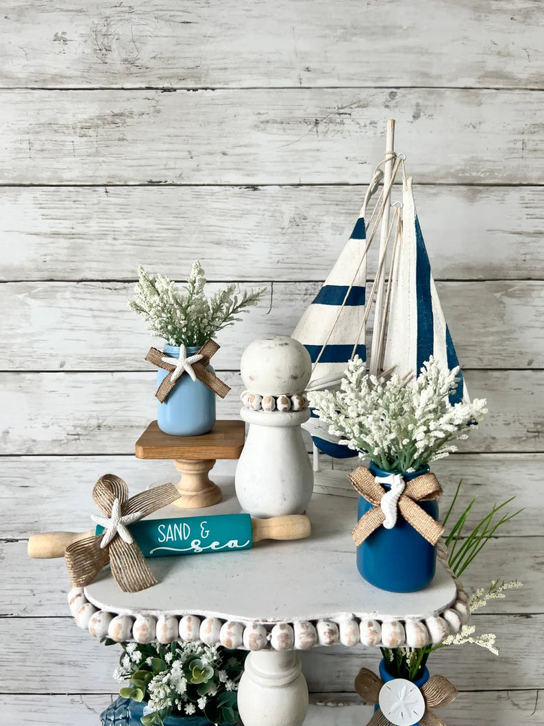 Summer tiered Tray beach mini floral arrangements, set of 3, Summer decor, mini glass vases, Beach tiered tray decor, nautical home decor